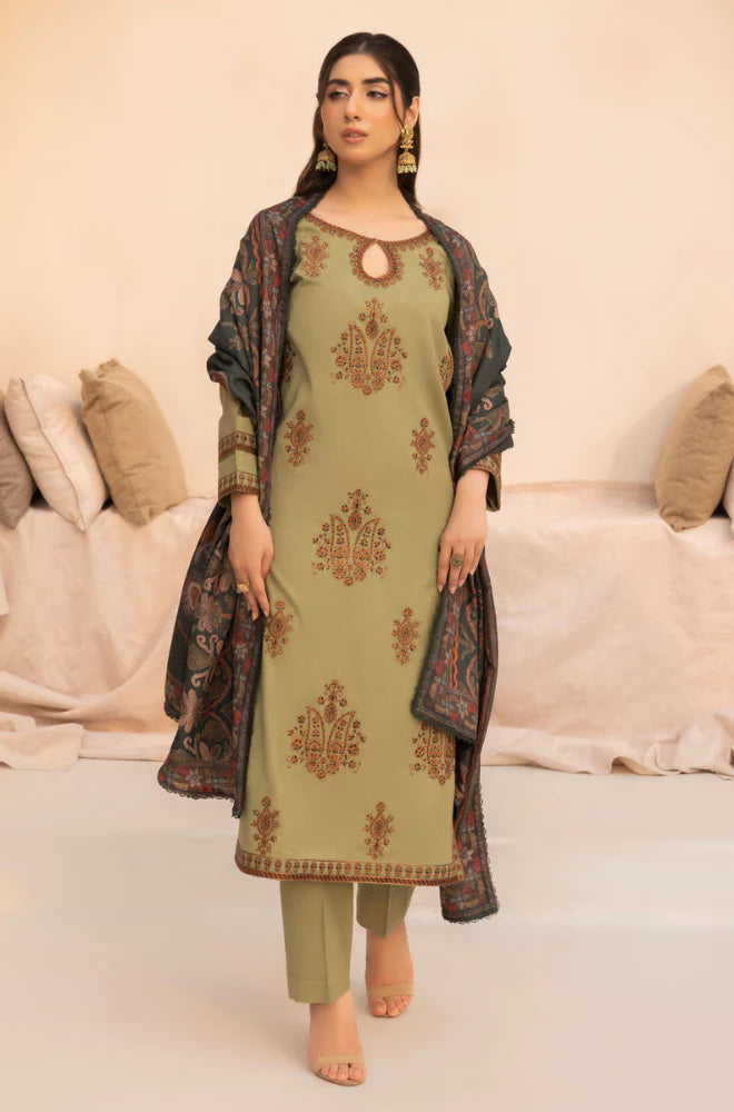 MOHAGNI.-3PC LAWN EMBROIDERED SHIRT WITH MONARK PRINT DUPATTA AND TROUSER-BIC-3579