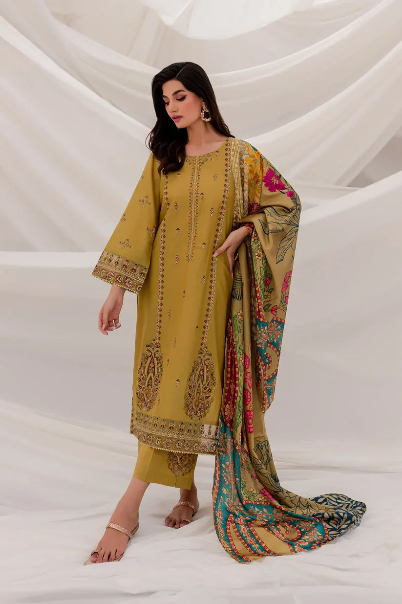 BATIK - 3PC DHANAK EMBROIDERED SHIRT WITH COUTURE WOOL SHAWL & TROUSER-BIC-3142