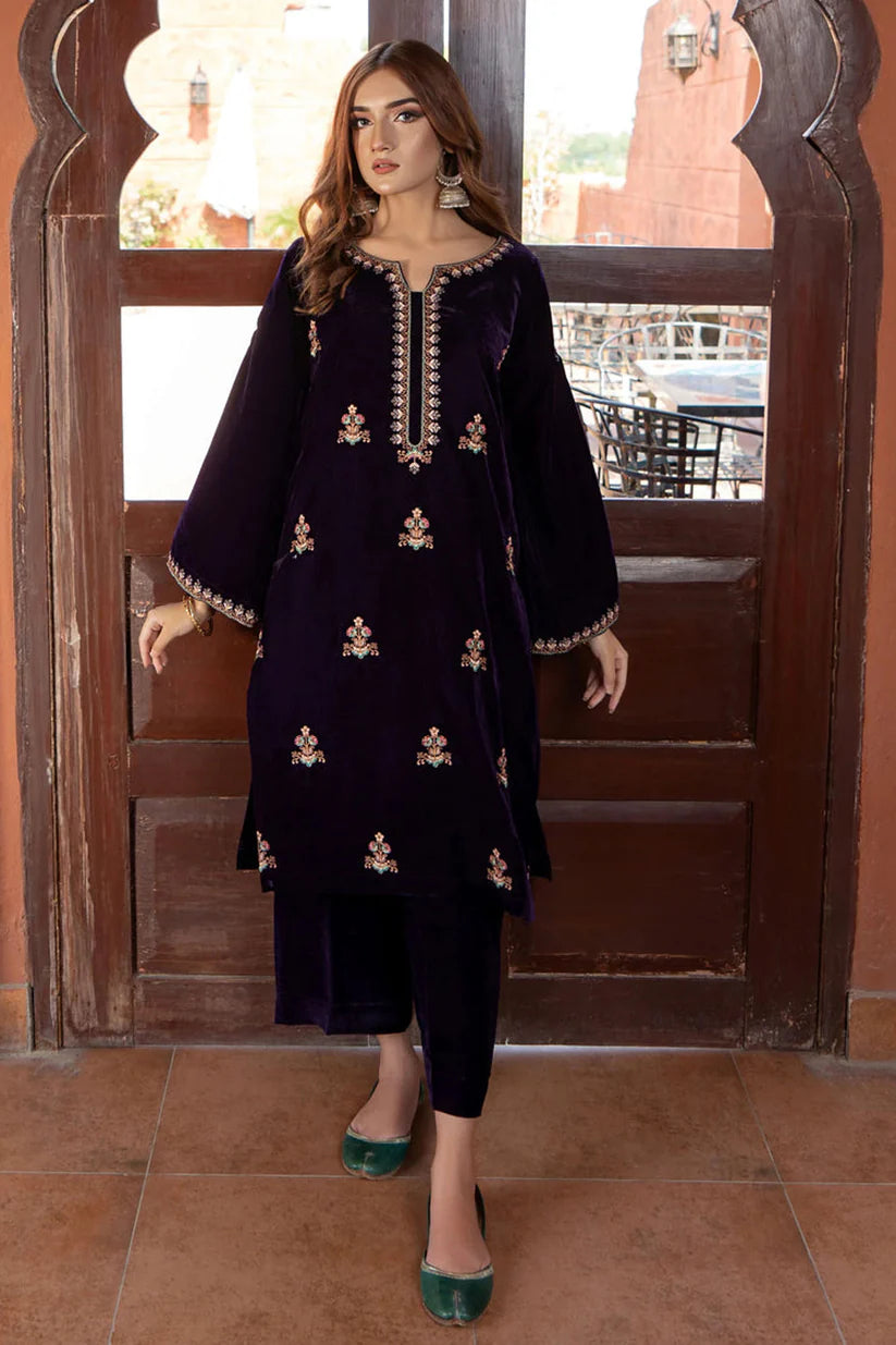 URGE - 2PC VELVET HEAVT EMBROIDERED SHIRT WITH VELEVT EMBROIDERED SLEEVES & VELVET TROUSER-BIC-D22 MICROO 9000