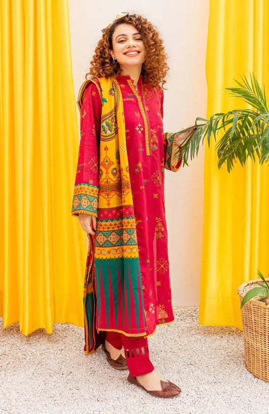 BATIK - 3PC DHANAK EMBROIDERED SHIRT WITH COUTURE PRINT SHAWL & TROUSER-BIC-3206