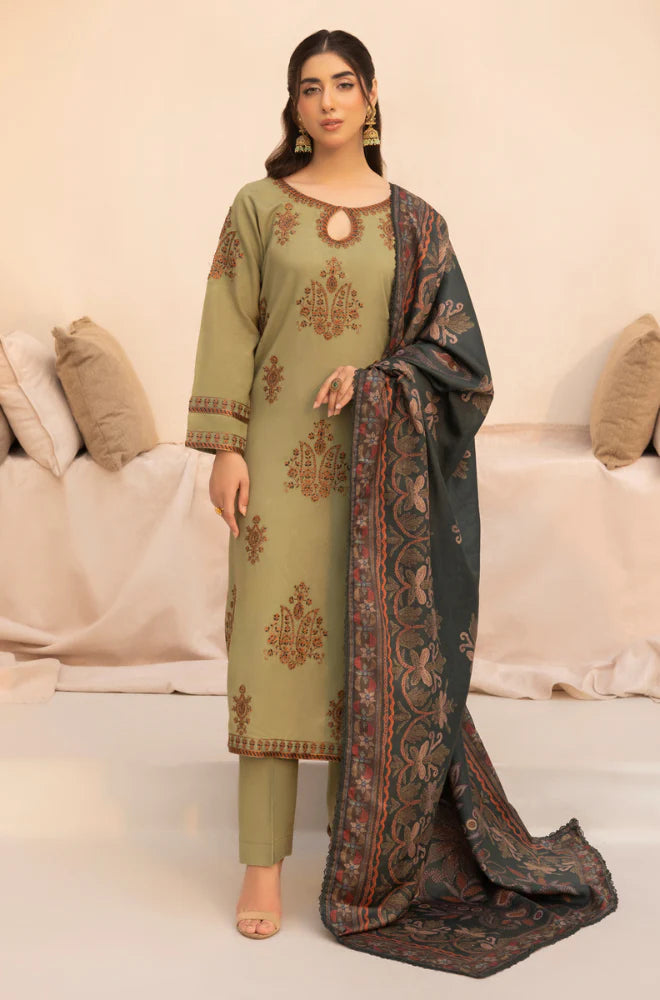 MOHAGNI.-3PC LAWN EMBROIDERED SHIRT WITH MONARK PRINT DUPATTA AND TROUSER-BIC-3579