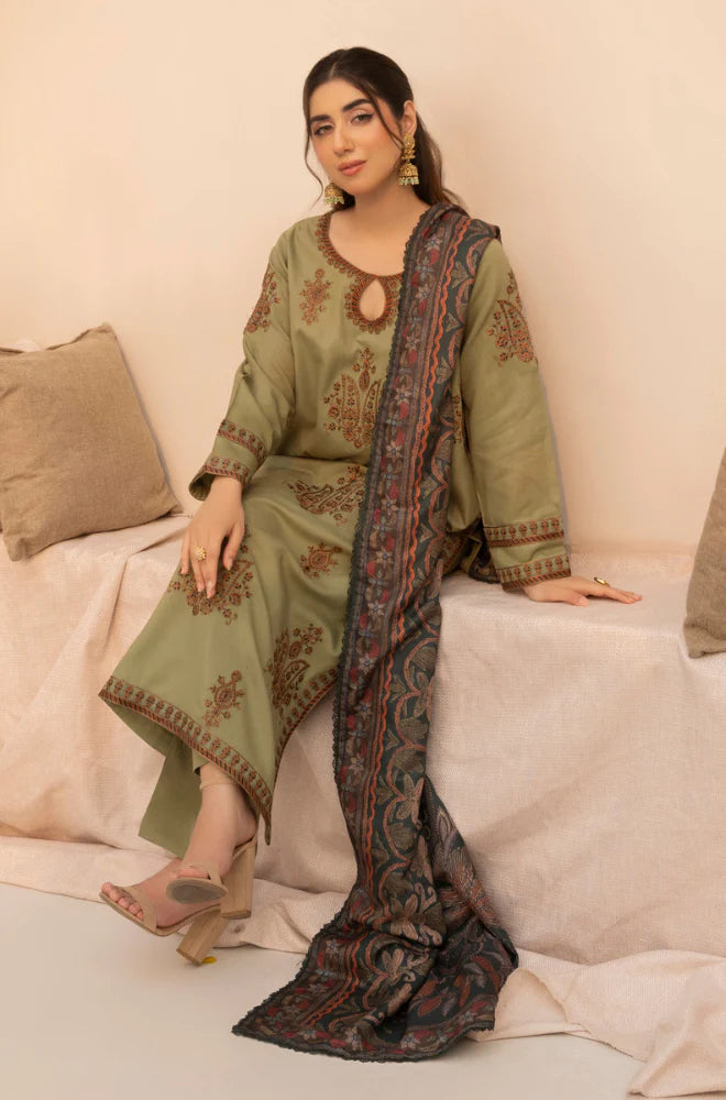 MOHAGNI.-3PC LAWN EMBROIDERED SHIRT WITH MONARK PRINT DUPATTA AND TROUSER-BIC-3579