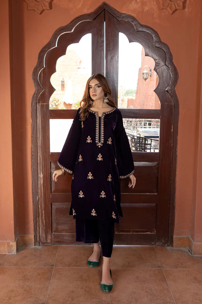 URGE - 2PC VELVET HEAVT EMBROIDERED SHIRT WITH VELEVT EMBROIDERED SLEEVES & VELVET TROUSER-BIC-D22 MICROO 9000