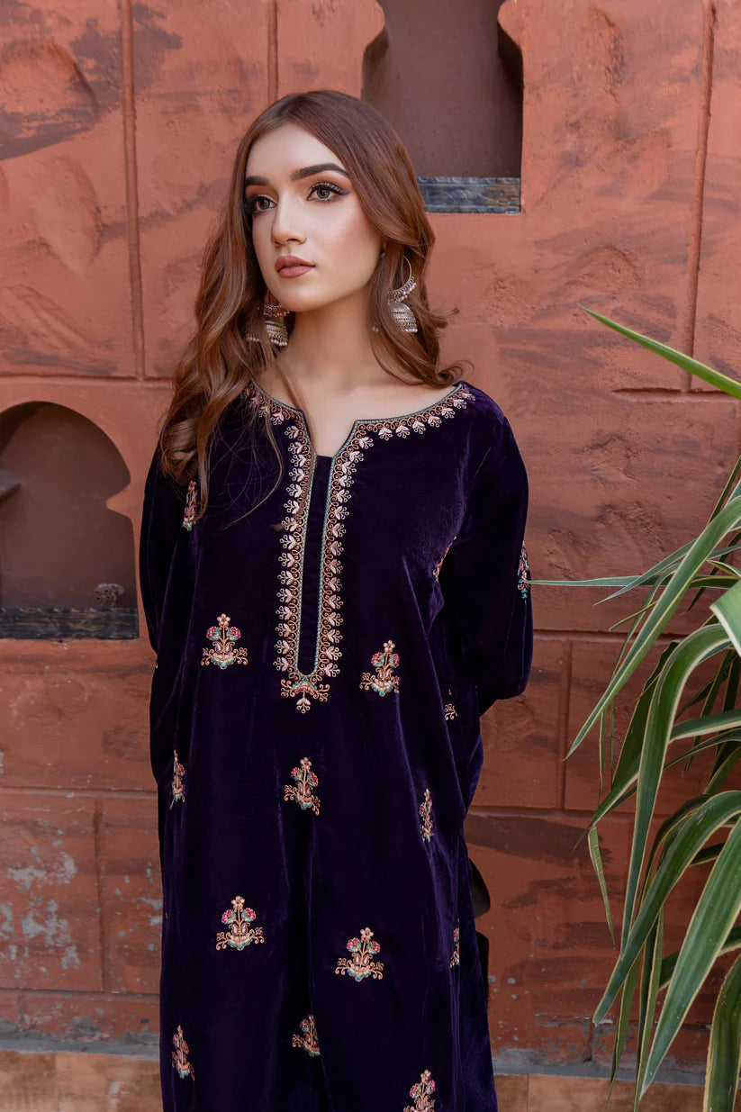 URGE - 2PC VELVET HEAVT EMBROIDERED SHIRT WITH VELEVT EMBROIDERED SLEEVES & VELVET TROUSER-BIC-D22 MICROO 9000