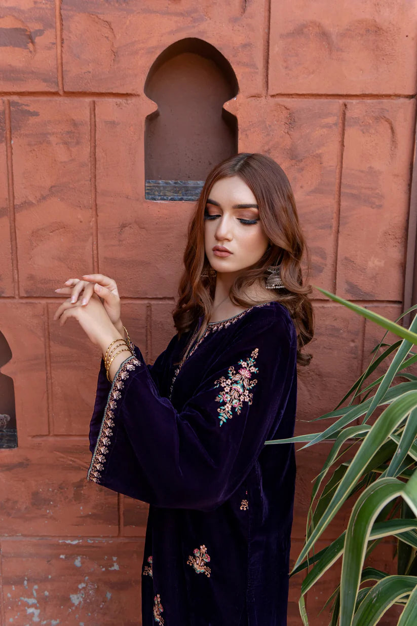 URGE - 2PC VELVET HEAVT EMBROIDERED SHIRT WITH VELEVT EMBROIDERED SLEEVES & VELVET TROUSER-BIC-D22 MICROO 9000