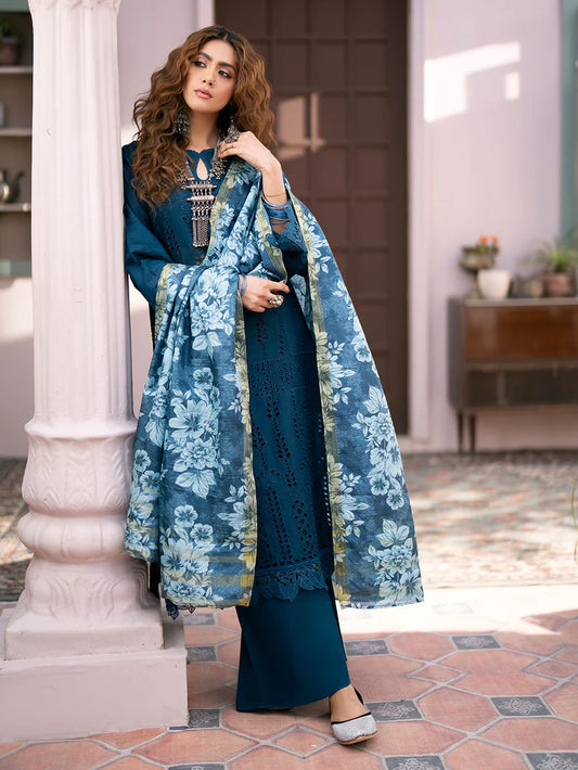 QALAMKAR - 3PC LAWN CHIKANKAARI EMBROIDERED SHIRT WITH PRINTED DUPATTA AND TROUSER-BIC-4027