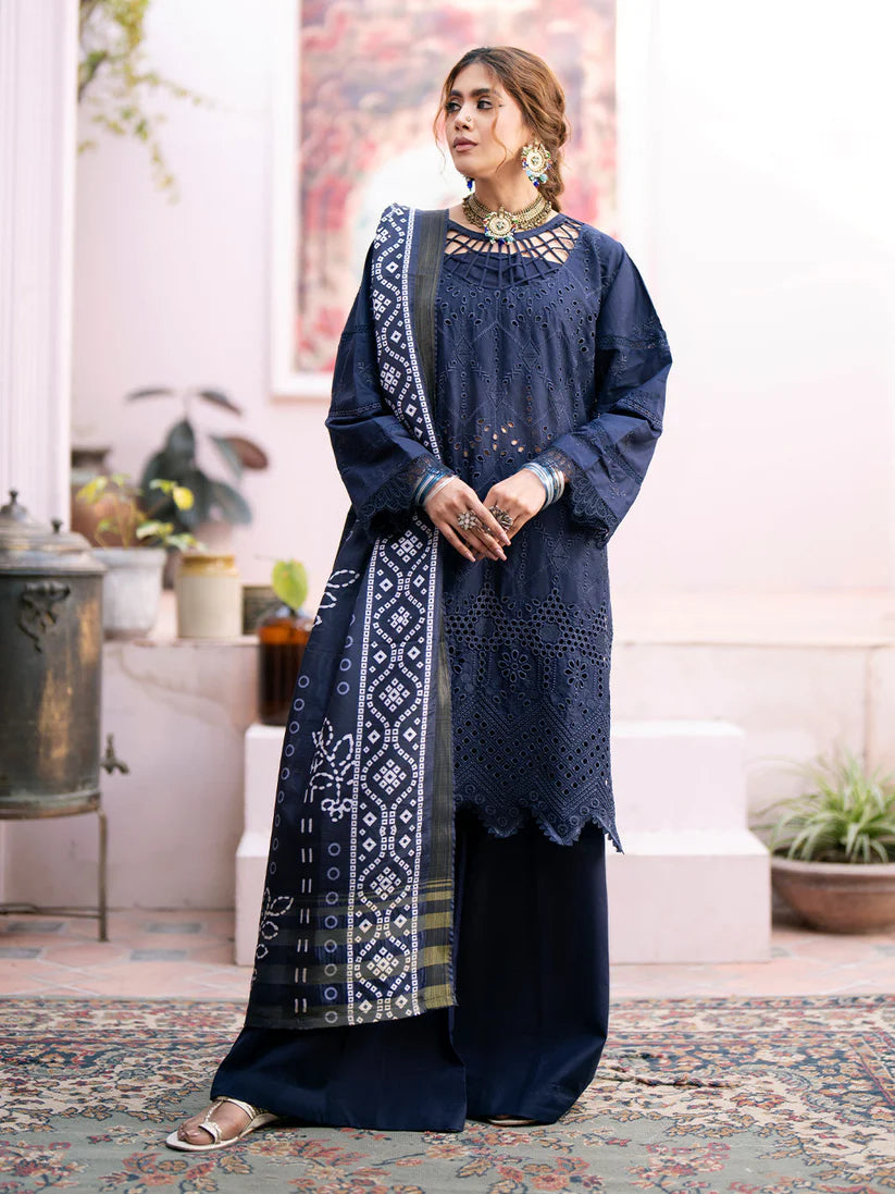 MAHNUR-3PC CHIKENKARI LAWN EMBROIDERED WITH DAIMOND PRINT DUPATTA- BIC-4026