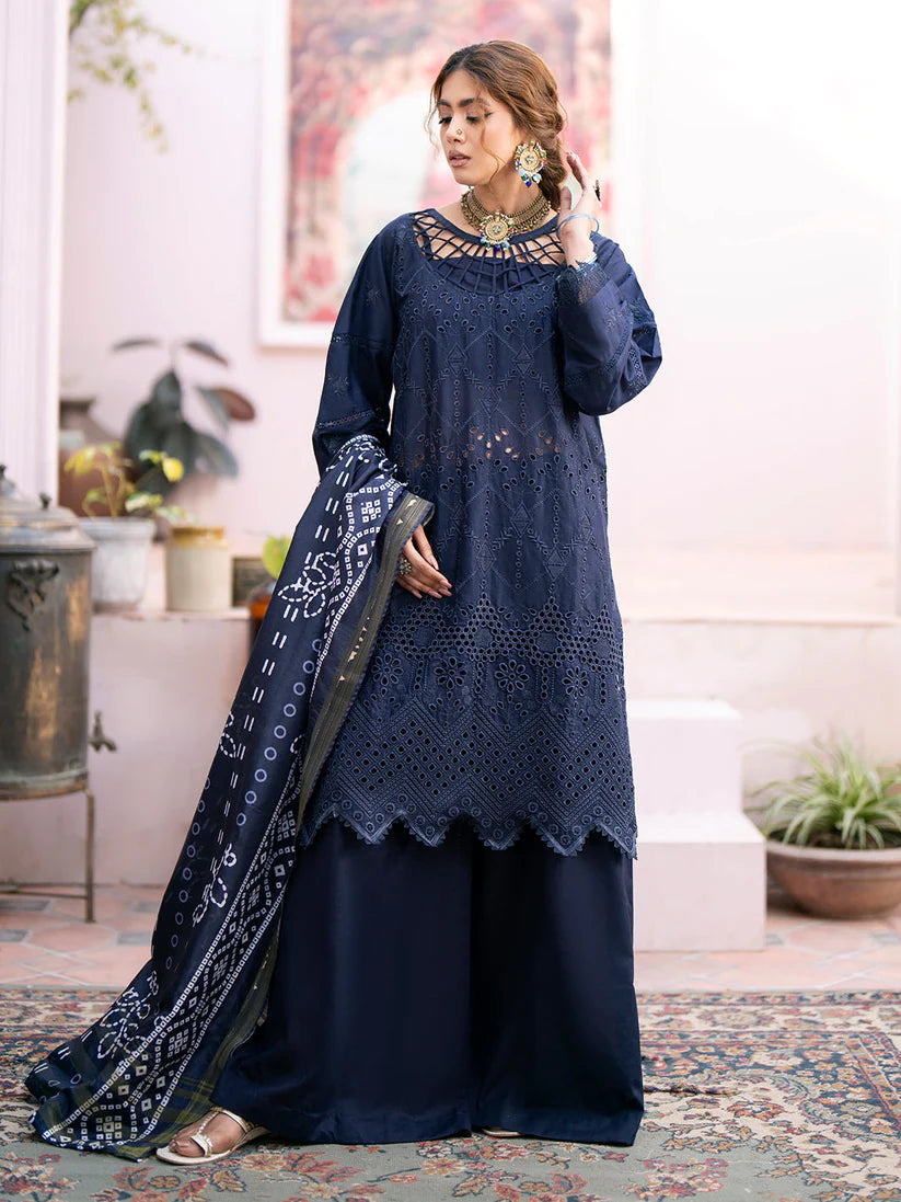 MAHNUR-3PC CHIKENKARI LAWN EMBROIDERED WITH DAIMOND PRINT DUPATTA- BIC-4026