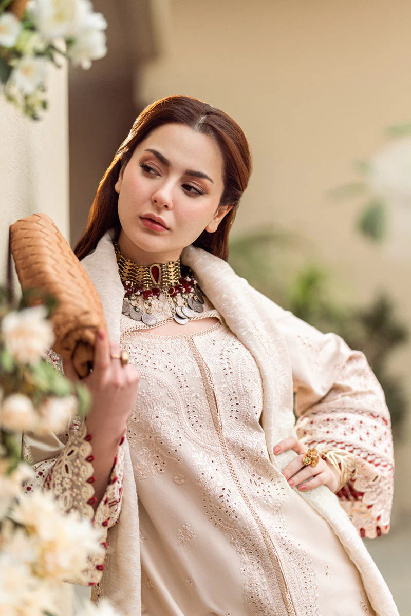 QALAMQAR-3PC CHIKANKAARI LAWN CUTWORK EMBROIDERED SHIRT WITH MANAAR EMBROIDERED CUTWORK DUPATTA AND TROUSER-BIC-3654