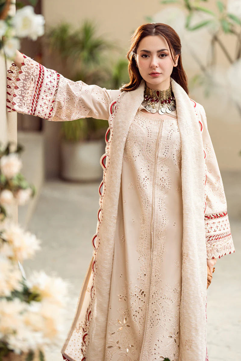 QALAMQAR-3PC CHIKANKAARI LAWN CUTWORK EMBROIDERED SHIRT WITH MANAAR EMBROIDERED CUTWORK DUPATTA AND TROUSER-BIC-3654