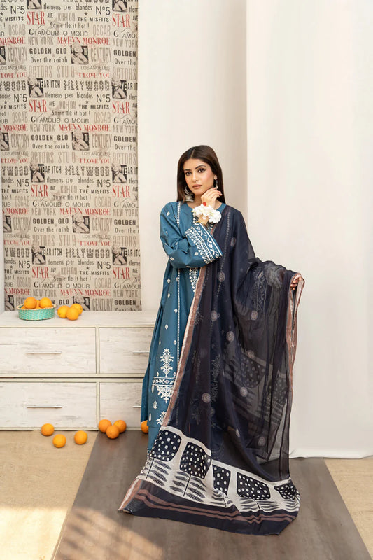 URGE- 3PC LAWN EMBROIDERED SHIRT WITH DIAMOND PRINTED DUPATTA AND EMB TROUSER-BIC-2785-BLUE