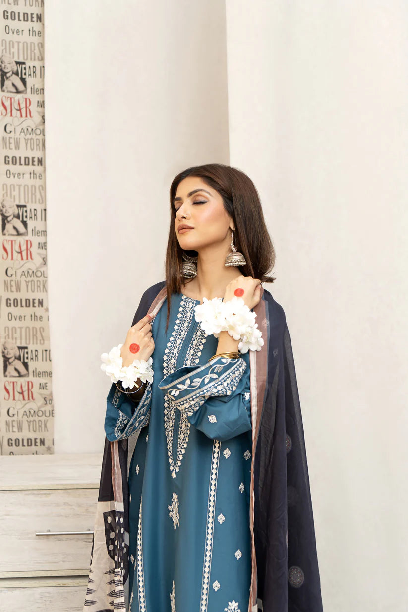 URGE- 3PC LAWN EMBROIDERED SHIRT WITH DIAMOND PRINTED DUPATTA AND EMB TROUSER-BIC-2785-BLUE