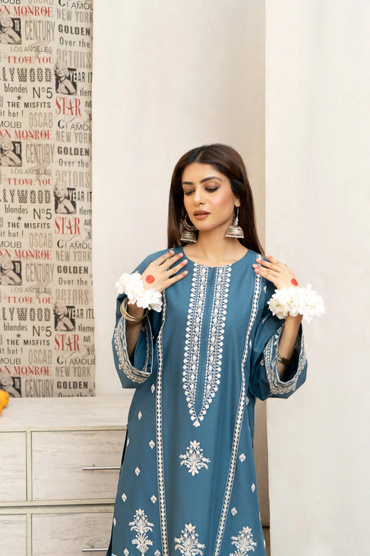 URGE- 3PC LAWN EMBROIDERED SHIRT WITH DIAMOND PRINTED DUPATTA AND EMB TROUSER-BIC-2785-BLUE