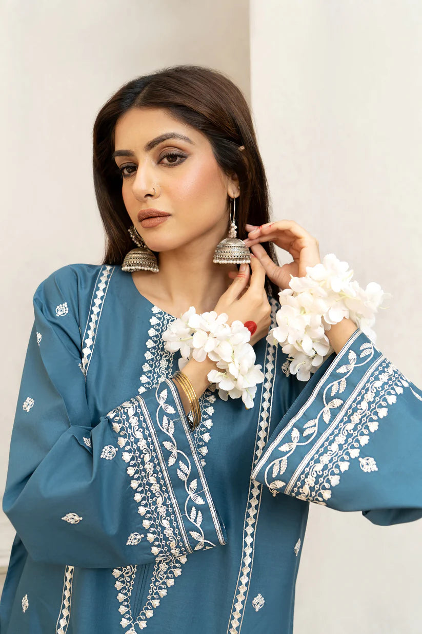 URGE- 3PC LAWN EMBROIDERED SHIRT WITH DIAMOND PRINTED DUPATTA AND EMB TROUSER-BIC-2785-BLUE