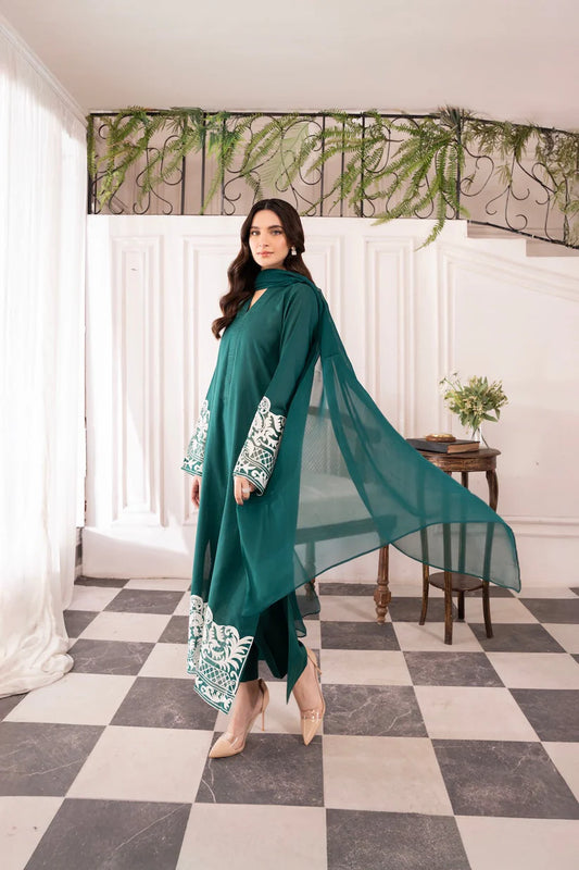 Asim Jofa-Lawn 3pc Embroidered Shirt With Bamber Chiffon Dupatta & Trouser-BIC-3577