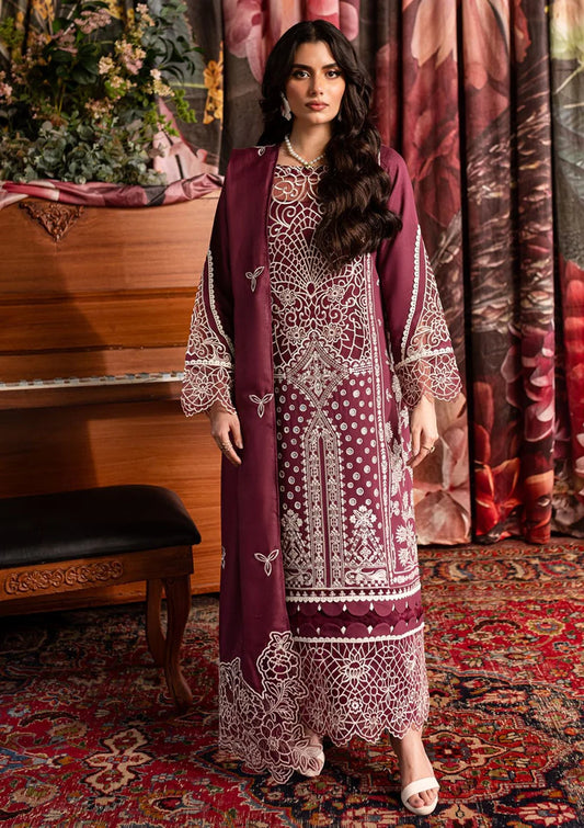 QALAMQAR-3PC CHIKANKAARI LAWN CUTWORK EMBROIDERED SHIRT WITH LAWN EMBROIDERED CUTWORK DUPATTA AND TROUSER-BIC-3642