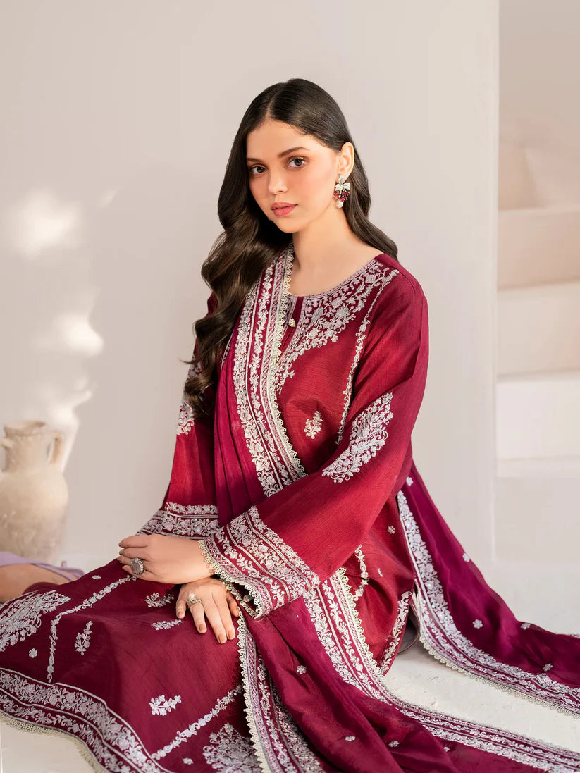 GARNET-3PC LAWN EMBROIDERED SHIRT WITH CHIFFON EMBROIDERED DUPATTA AND TROUSER-BIC-3554