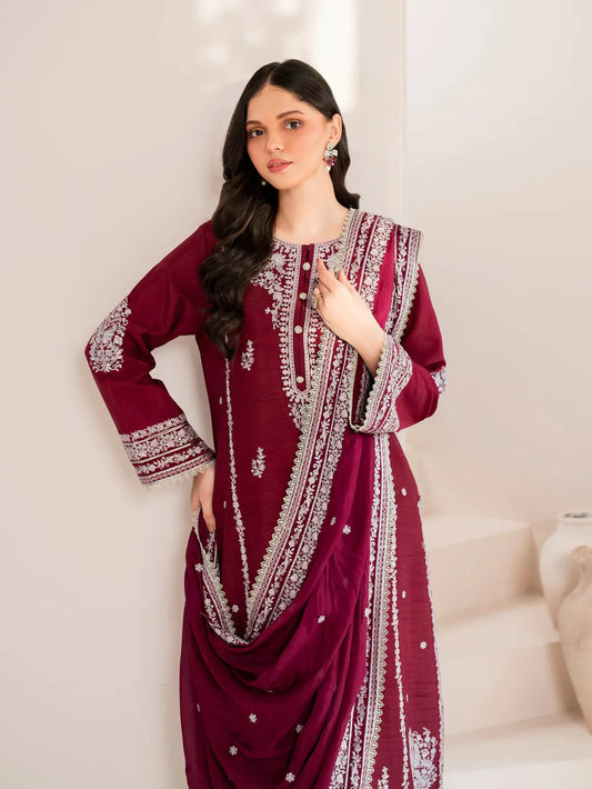 GARNET-3PC LAWN EMBROIDERED SHIRT WITH CHIFFON EMBROIDERED DUPATTA AND TROUSER-BIC-3554