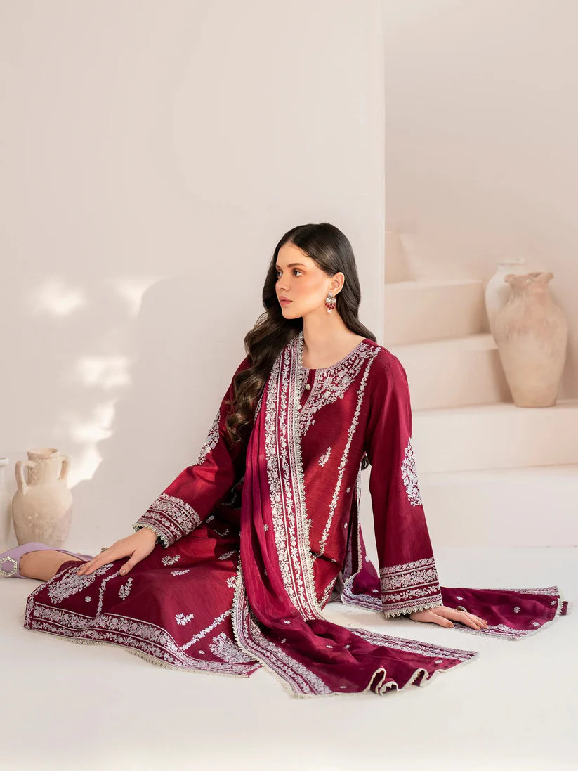 GARNET-3PC LAWN EMBROIDERED SHIRT WITH CHIFFON EMBROIDERED DUPATTA AND TROUSER-BIC-3554