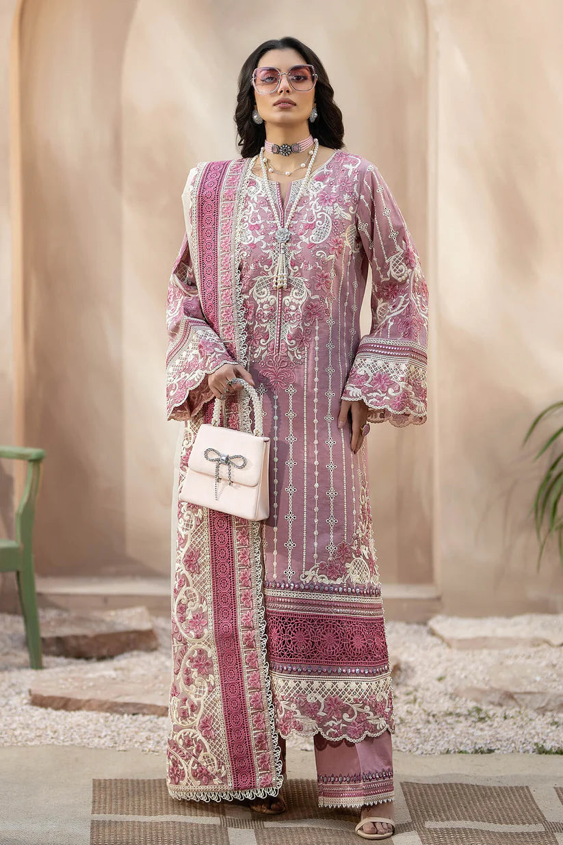 QALAMQAR-3PC CHIKANKAARI LAWN CUTWORK EMBROIDERED SHIRT WITH NET EMBROIDERED CUTWORK DUPATTA AND TROUSER-BIC-3599