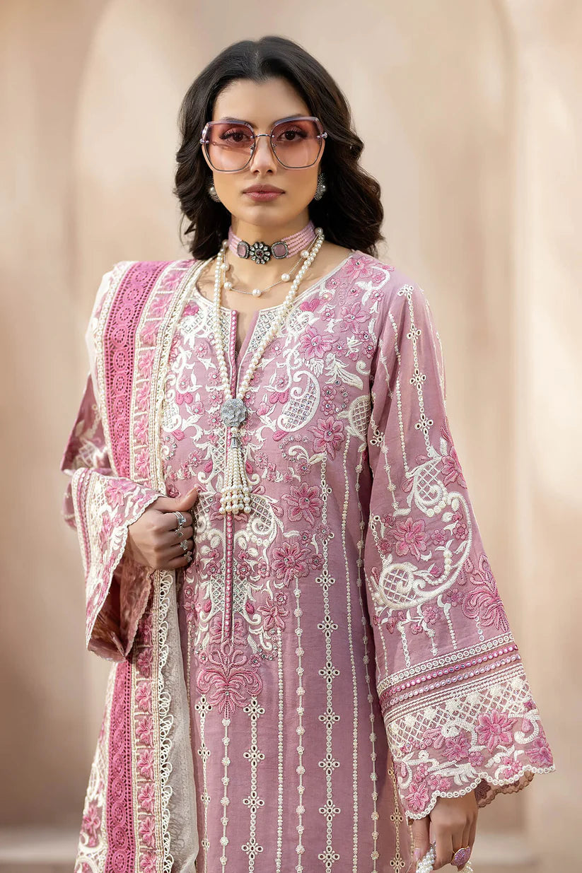 QALAMQAR-3PC CHIKANKAARI LAWN CUTWORK EMBROIDERED SHIRT WITH NET EMBROIDERED CUTWORK DUPATTA AND TROUSER-BIC-3599