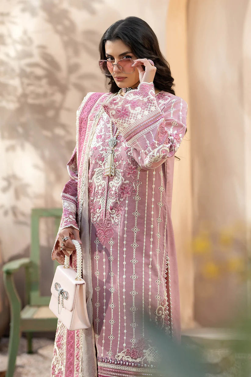 QALAMQAR-3PC CHIKANKAARI LAWN CUTWORK EMBROIDERED SHIRT WITH NET EMBROIDERED CUTWORK DUPATTA AND TROUSER-BIC-3599