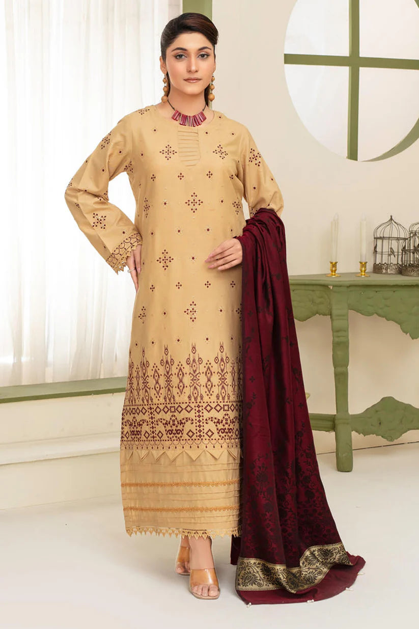 Momina Collection-3PC DHANAK EMBROIDERED SHIRT WITH KASHMIRI JACQUARD WOOL SHAWL-BIC-1515