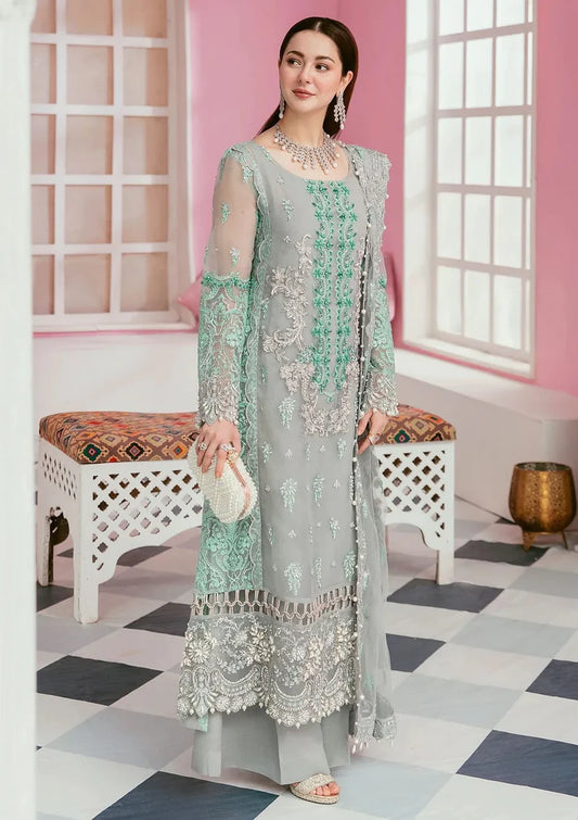 ELAF-ORGANZA PANEL EMBROIDERED ORGANZA DAMAN WITH PEARL WITH ORGANZA EMBROIDERED READY TO WEAR DUPATTA WITH TROUSER -BIC- 3424