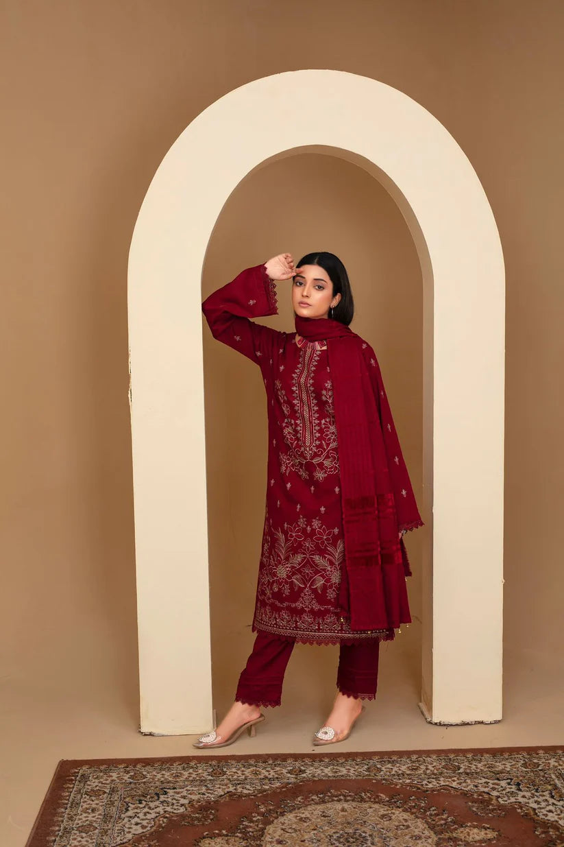 Momina Collection-3PC Dhanak Embroidered Shirt with Velvet Dhanak Shawl and Trouser-BIC-2678 M