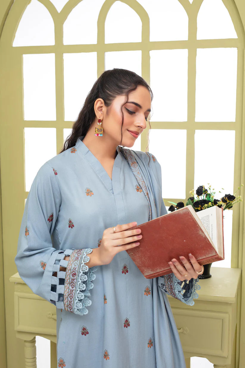 MOMINA COLLECTION-3PC DHANAK EMBROIDERED SHIRT WITH HEAVY CUTWORK EMBROIDERED DHANAK SHAWL AND TROUSER-BIC -1506