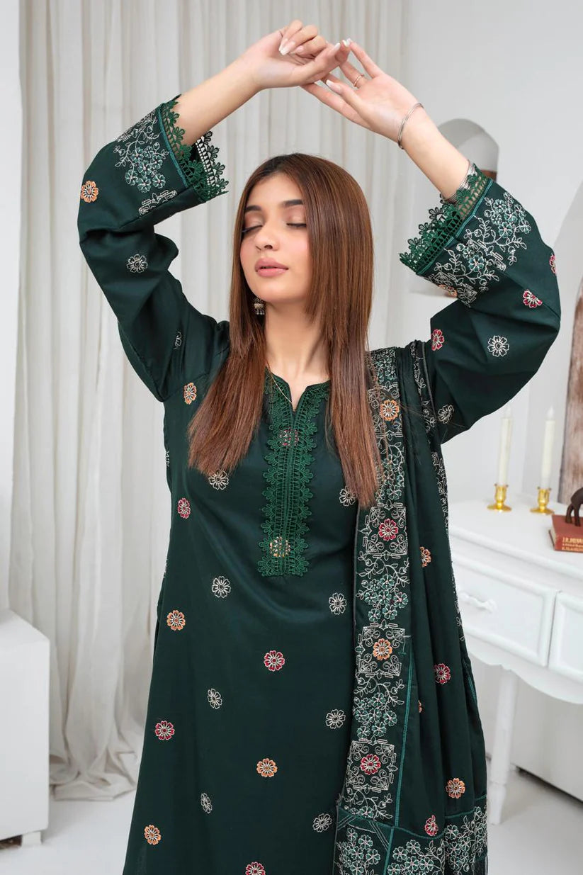 Momina Collection-3PC DHANAK EMBROIDERED SHIRT WITH HEAVY CUTWORK EMBROIDERED DHANAK SHAWL AND TROUSER-BIC-1509