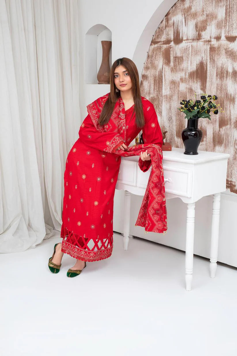 Momina Collection-3PC DHANAK EMBROIDERED SHIRT WITH HEAVY CUTWORK EMBROIDERED DHANAK SHAWL AND TROUSER-BIC-1510