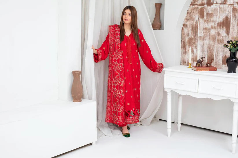 Momina Collection-3PC DHANAK EMBROIDERED SHIRT WITH HEAVY CUTWORK EMBROIDERED DHANAK SHAWL AND TROUSER-BIC-1510