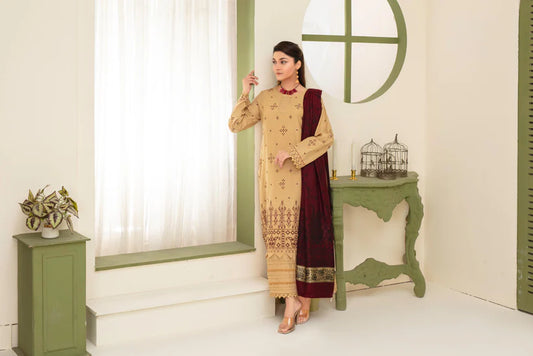 Momina Collection-3PC DHANAK EMBROIDERED SHIRT WITH KASHMIRI JACQUARD WOOL SHAWL-BIC-1515