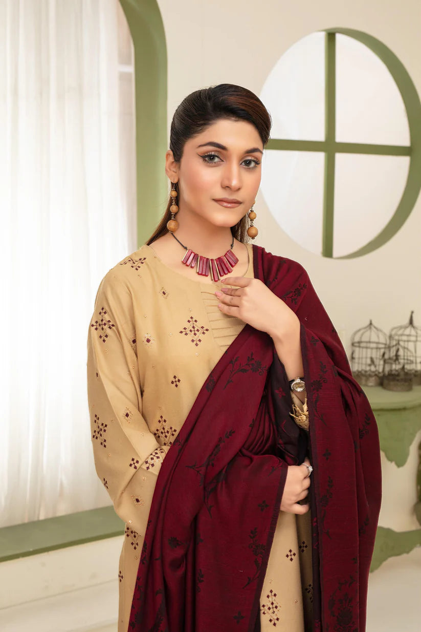 Momina Collection-3PC DHANAK EMBROIDERED SHIRT WITH KASHMIRI JACQUARD WOOL SHAWL-BIC-1515