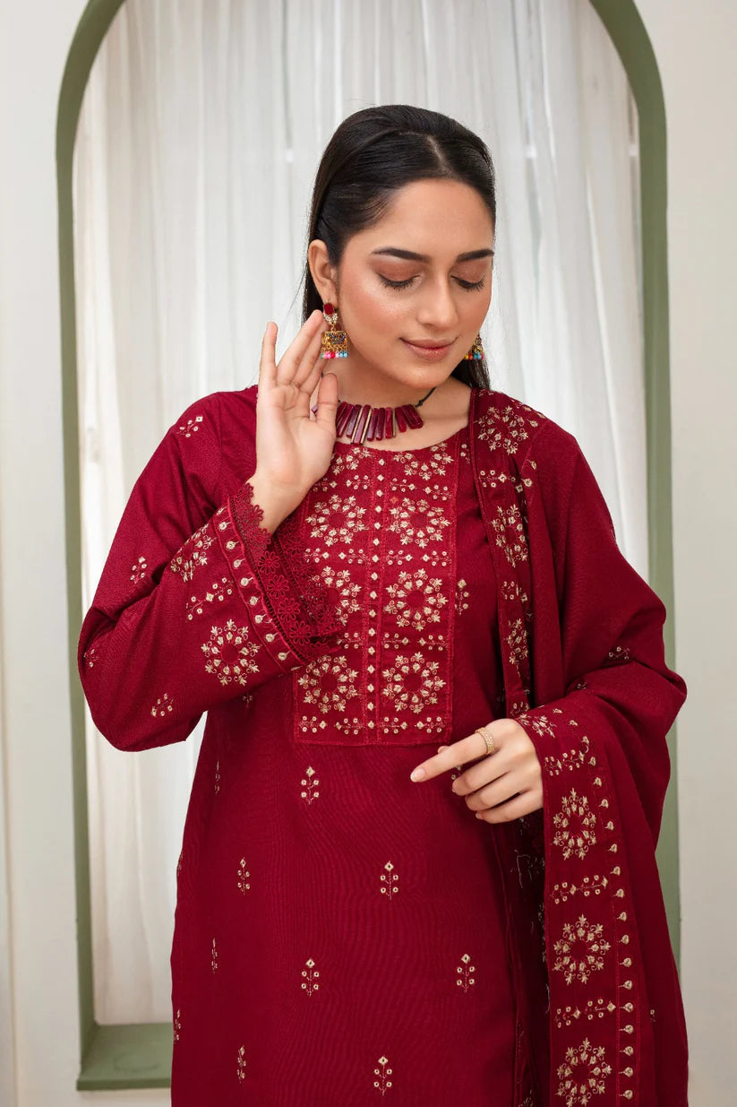 Momina Collection-3PC DHANAK EMBROIDERED SHIRT WITH HEAVY CUTWORK EMBROIDERED DHANAK SHAWL AND TROUSER-BIC-1514