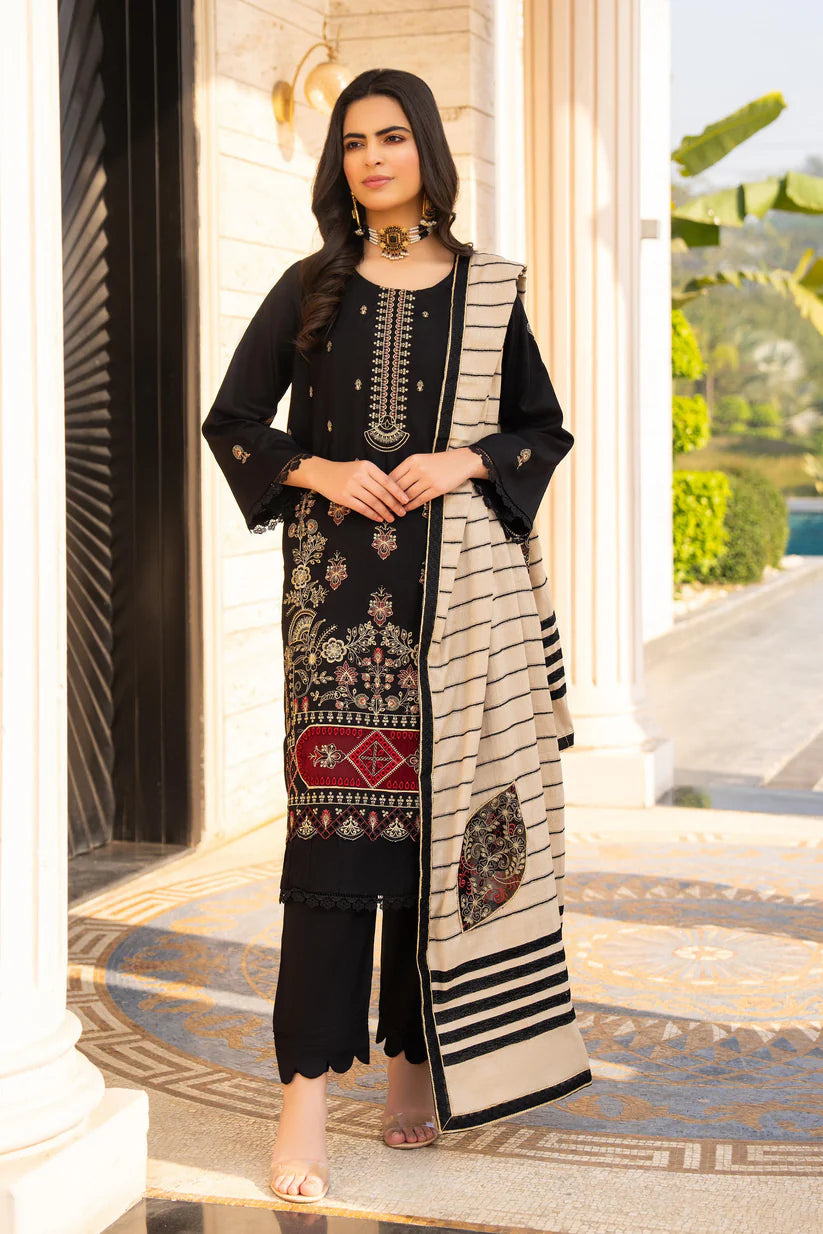 Momina Collection-3PC DHANAK EMBROIDERED SHIRT WITH HEAVY CUTWORK EMBROIDERED JACQUARD WOOL SHAWL -BIC-1521