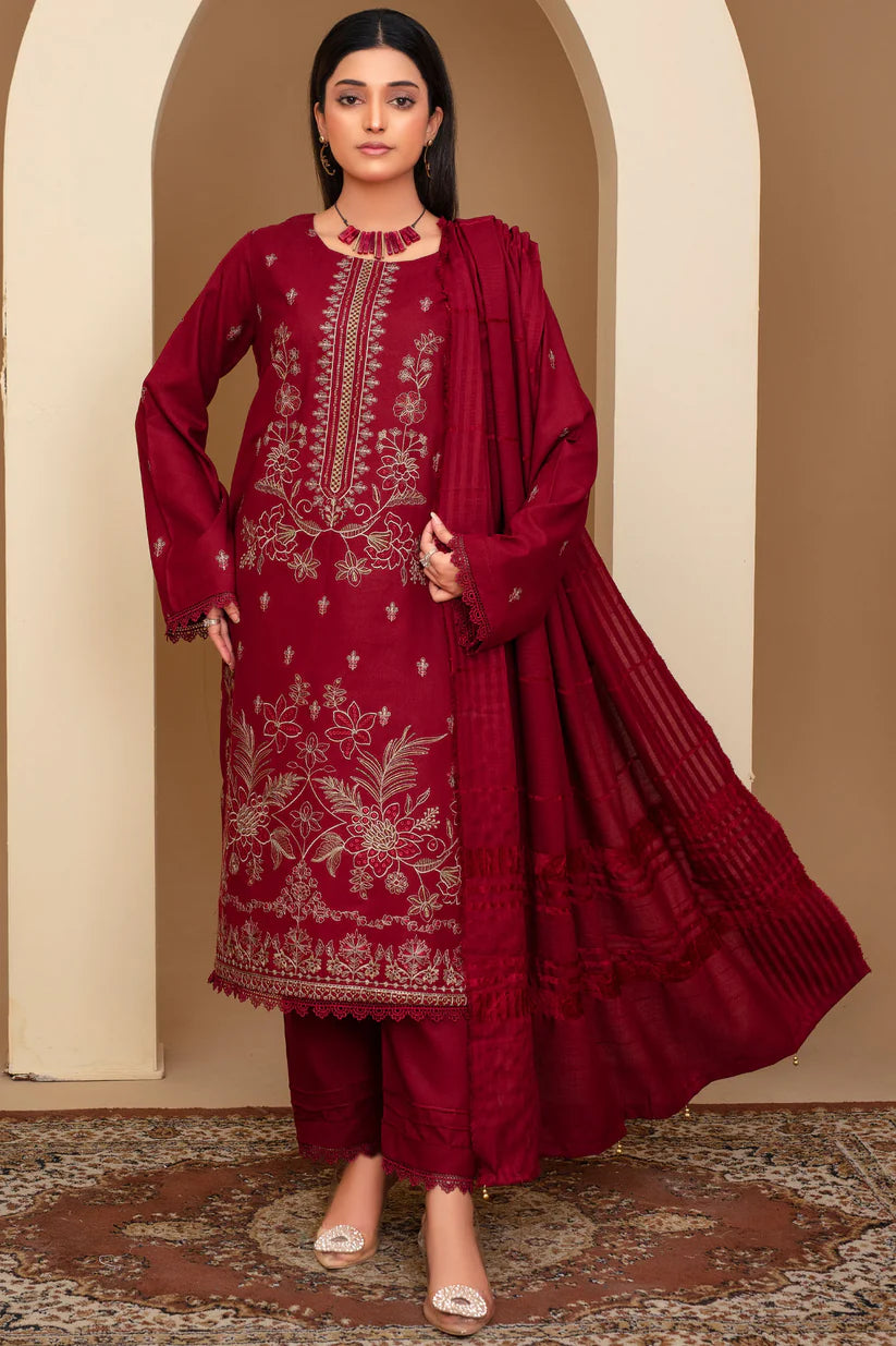 Momina Collection-3PC Dhanak Embroidered Shirt with Velvet Dhanak Shawl and Trouser-BIC-2678 M