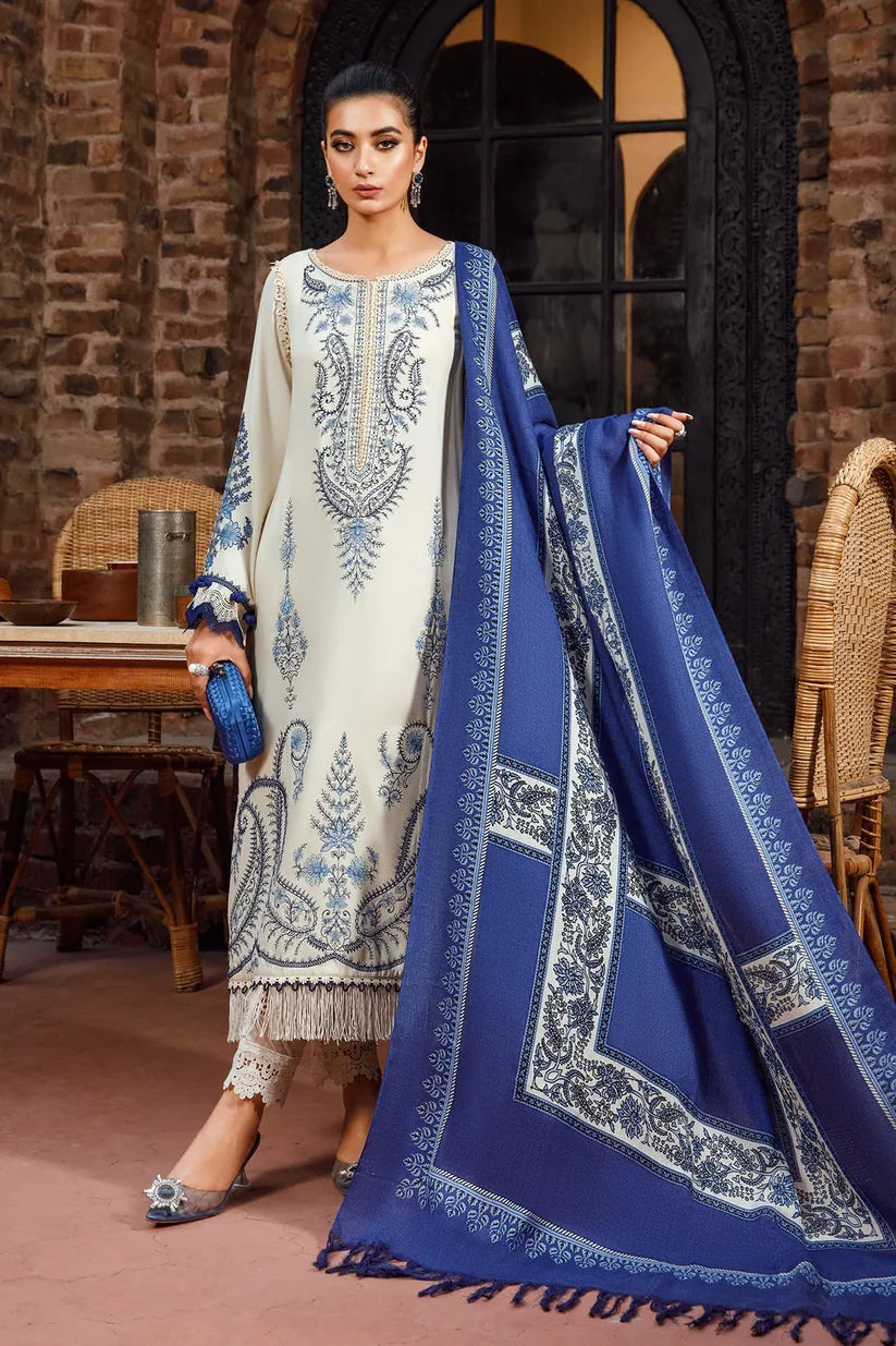 MARIA B -3PC KHADAR HEAVY EMBROIDERED WITH WOOL PRINT SHAWL -BIC-1084