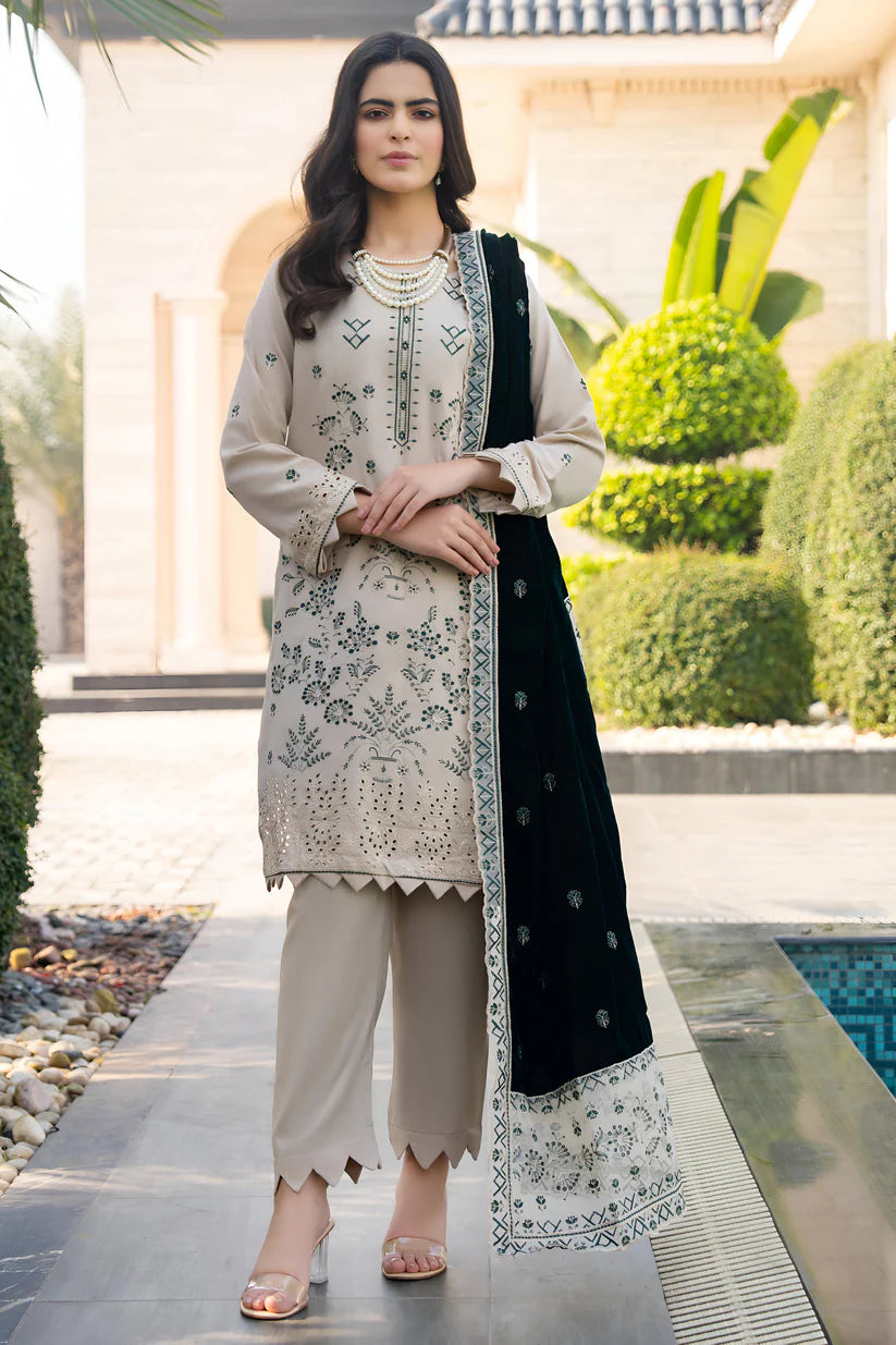 Momina Collection-3PC DHANAK EMBROIDERED SHIRT WITH VELVET EMBROIDERED READY TO WEAR SHAWL-BIC-1520